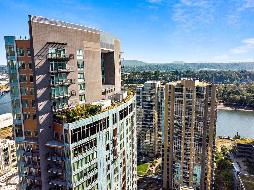 An aerial view of Mirabella Portland and the surrounding skyline.