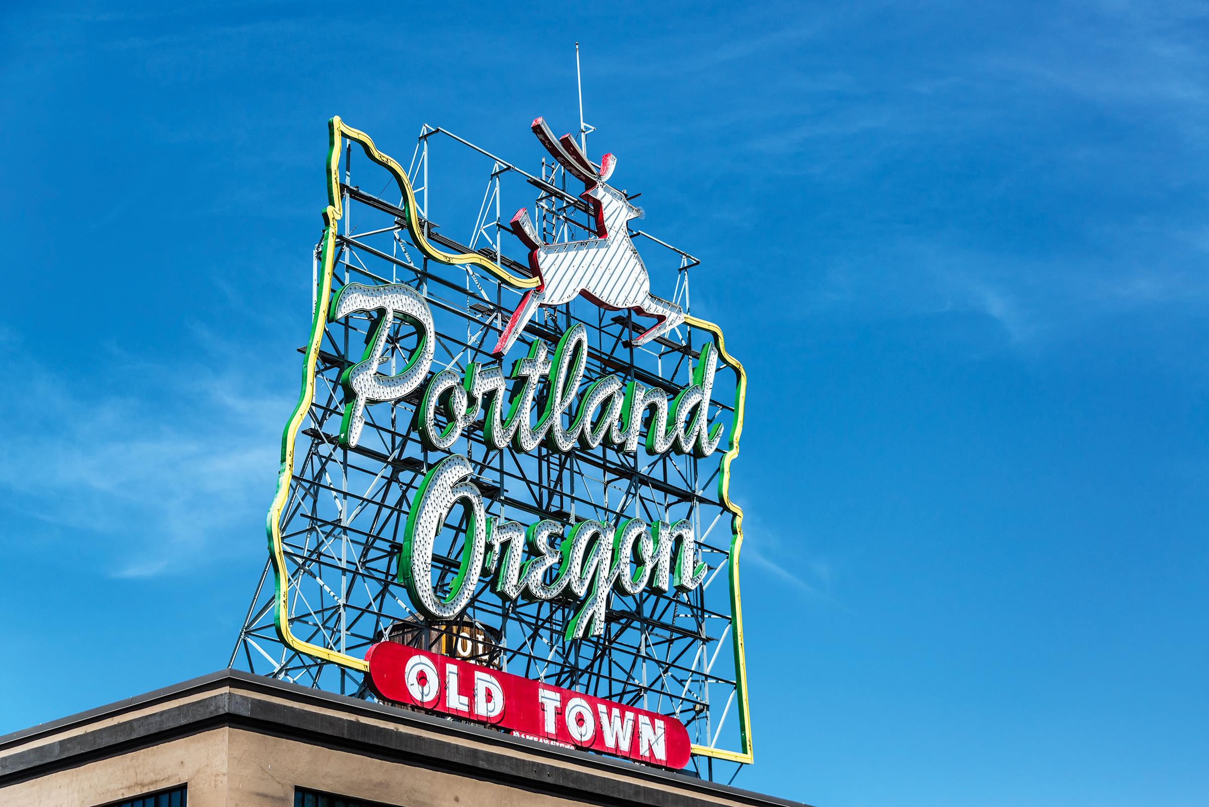 Portland Oregon Old Town neon sign. It is not lit up during the daytime.