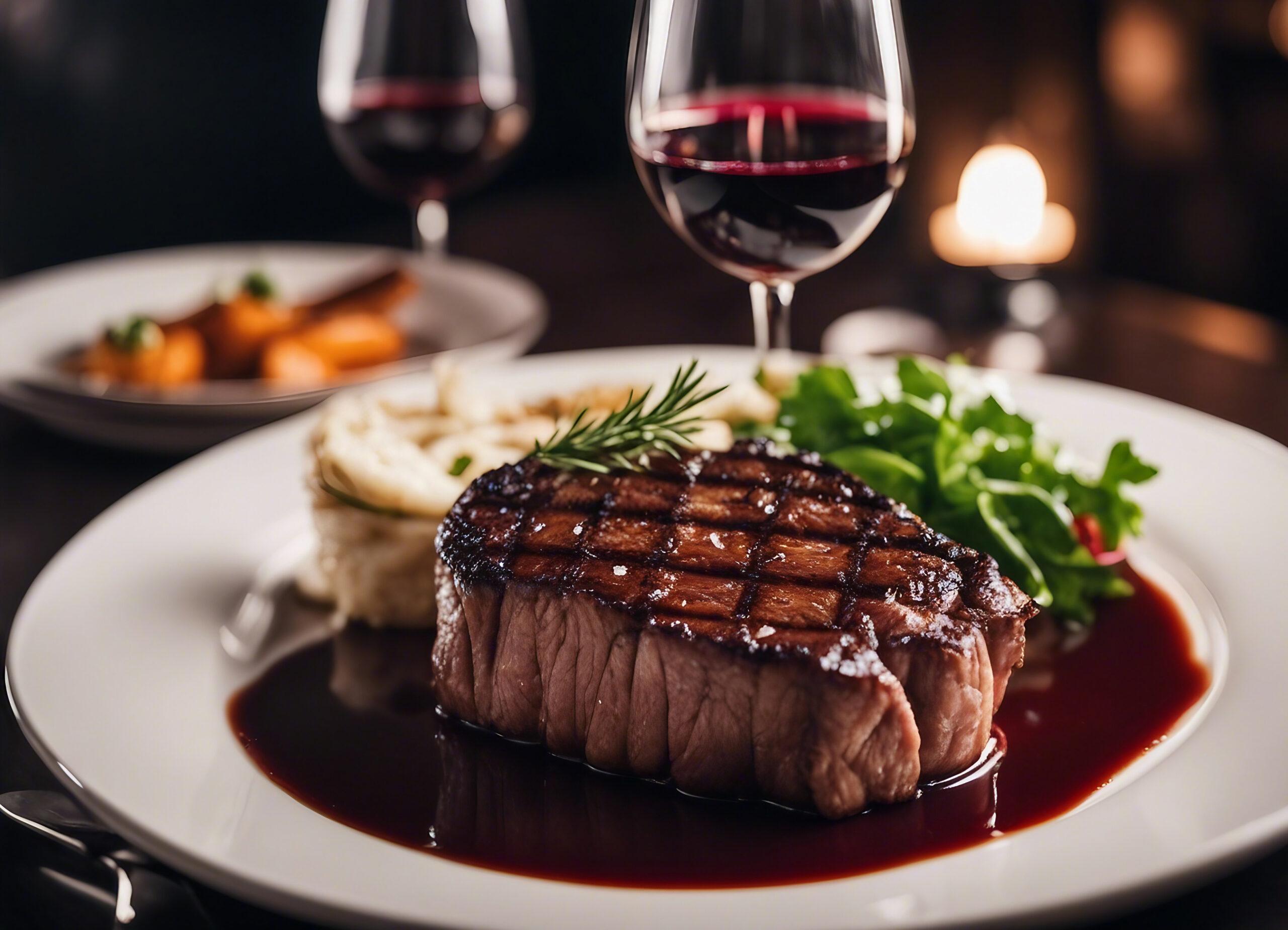 A gourmet steak dinner with a side of mashed potatoes and greens. The steak has sear marks and there is a glass of wine in the background.