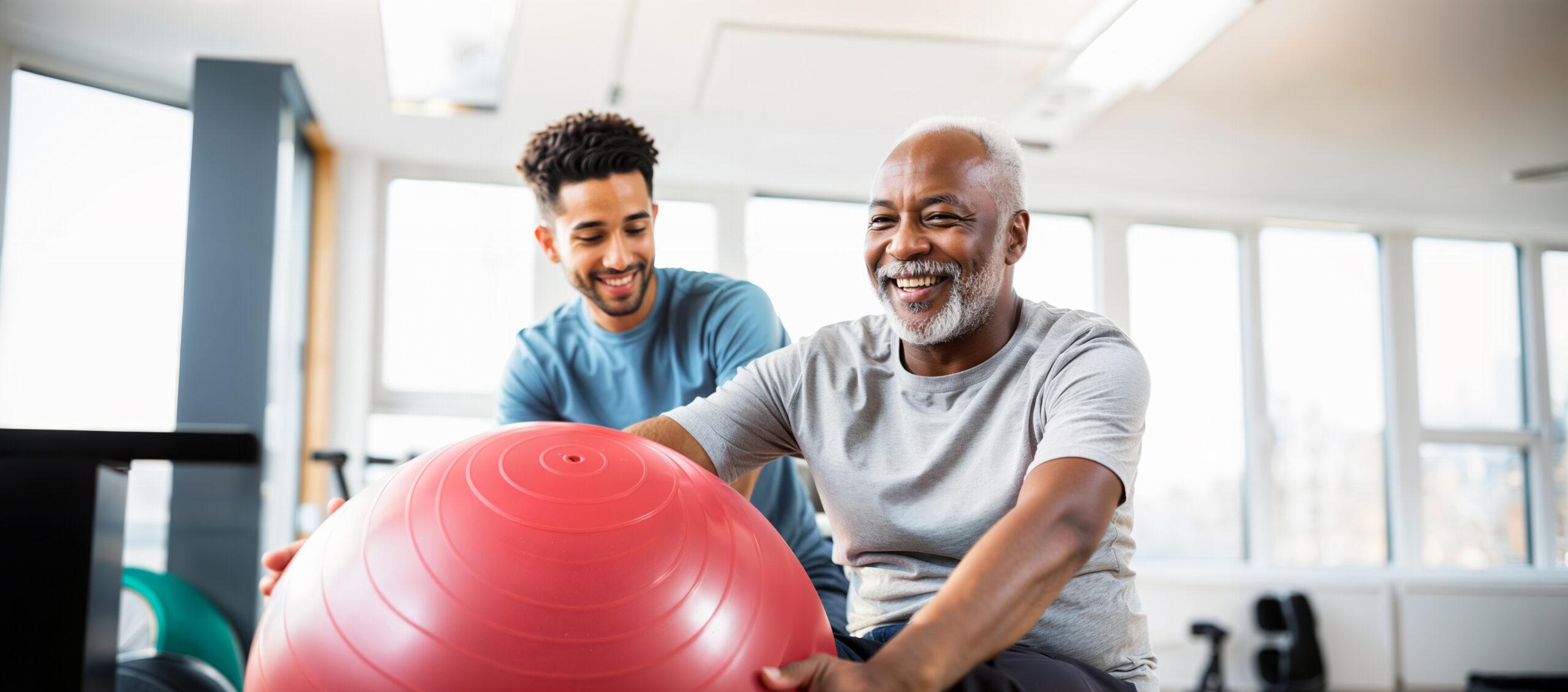 A physical therapist works with a patient using an exercise ball.